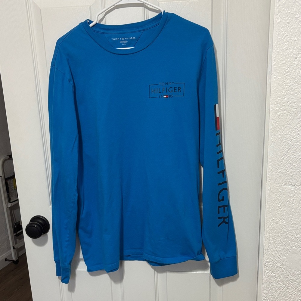 Tommy Hilfiger Logo Men's Blue Long Sleeve Cotton T-Shirt